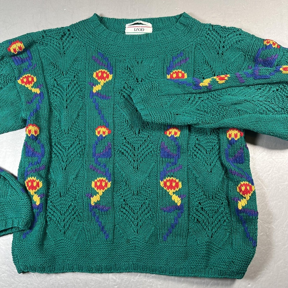 VINTAGE IZOD Sweater Womens Medium Green Hand Knit Ramie Cotton Floral Cable 90s